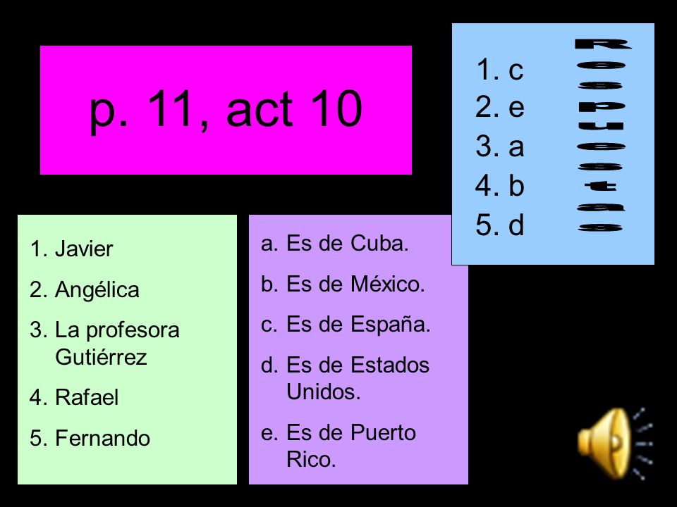 p. 11, act c 2. e 3. a 4. b 5. d a.Es de Cuba.