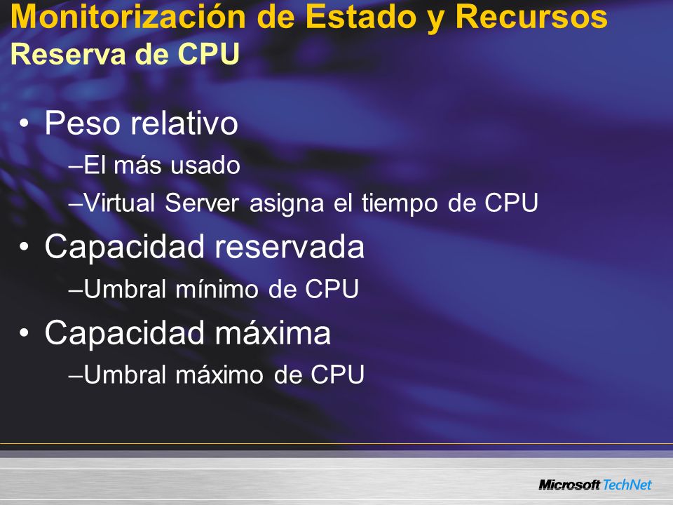 Monitorización de Estado y Recursos Reserva de CPU Peso relativo –El más usado –Virtual Server asigna el tiempo de CPU Capacidad reservada –Umbral mínimo de CPU Capacidad máxima –Umbral máximo de CPU