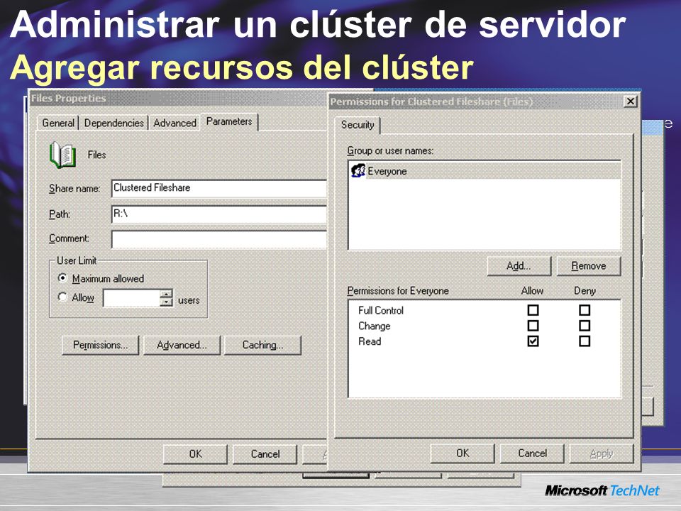 Administrar un clúster de servidor Agregar recursos del clúster CONTOSOCLUSTER FileShare NET USE * \\CONTOSOCLUSTER\FileShare