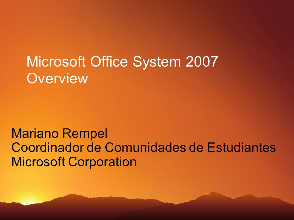 Microsoft Office System 2007 Overview Mariano Rempel Coordinador de Comunidades de Estudiantes Microsoft Corporation