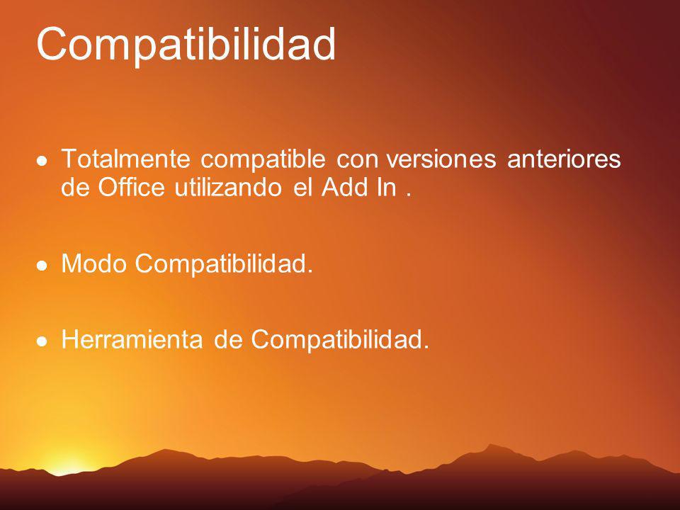 Compatibilidad Totalmente compatible con versiones anteriores de Office utilizando el Add In.