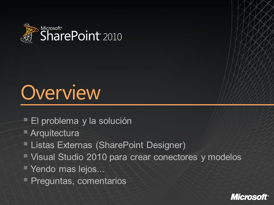 Overview El problema y la solución Arquitectura Listas Externas (SharePoint Designer) Visual Studio 2010 para crear conectores y modelos Yendo mas lejos...