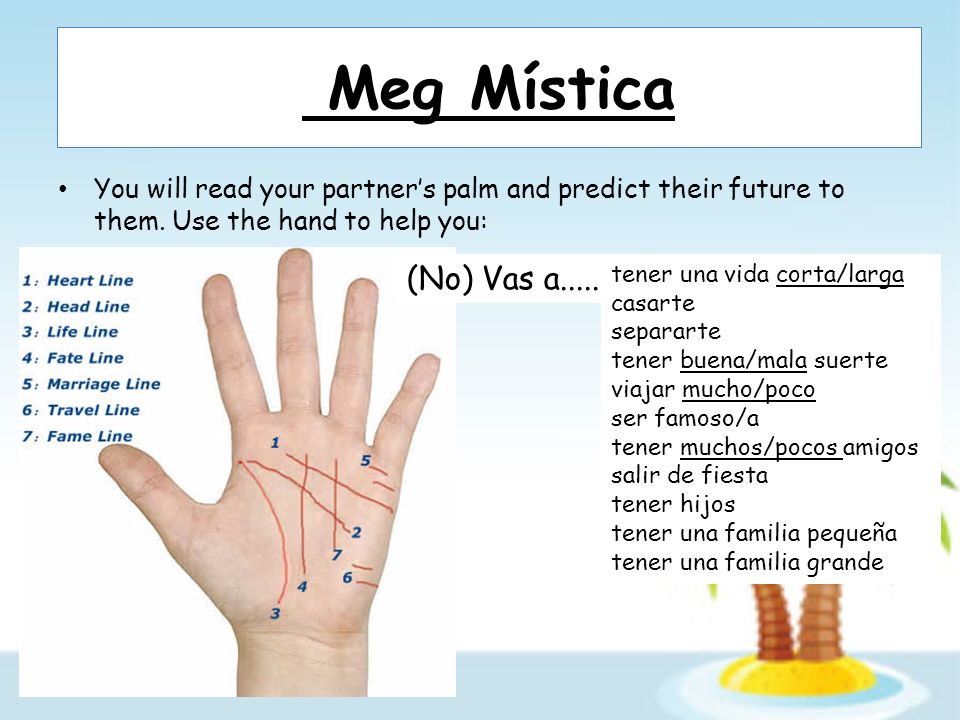 Meg Mística You will read your partners palm and predict their future to them.