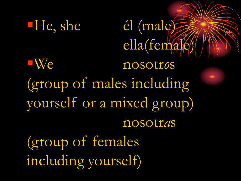 He, sheél (male) ella(female) We nosotros (group of males including yourself or a mixed group) nosotras (group of females including yourself)