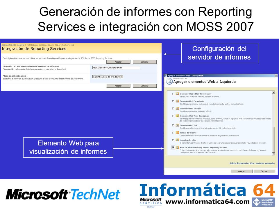 Configuración del servidor de informes Elemento Web para visualización de informes