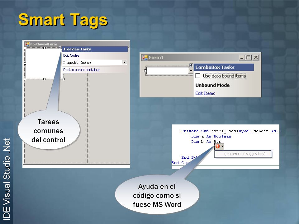 Smart Tags Tareas comunes del control Ayuda en el código como si fuese MS Word IDE Visual Studio.Net