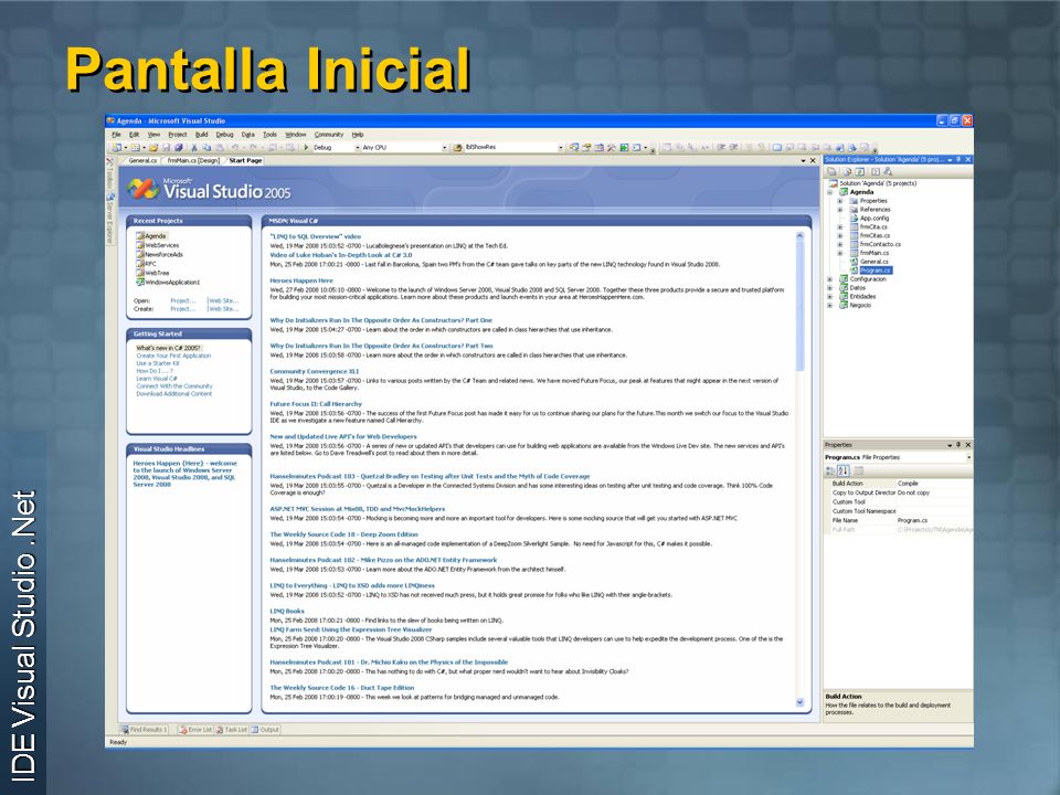 Pantalla Inicial IDE Visual Studio.Net