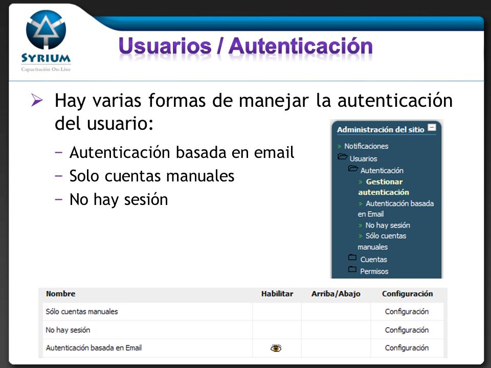 Hay varias formas de manejar la autenticación del usuario: Autenticación basada en  Solo cuentas manuales No hay sesión