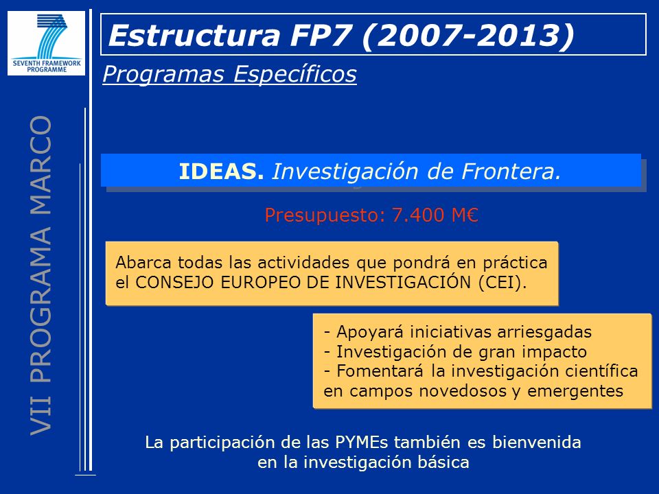 VII PROGRAMA MARCO Programas Específicos Estructura FP7 ( ) IDEAS.