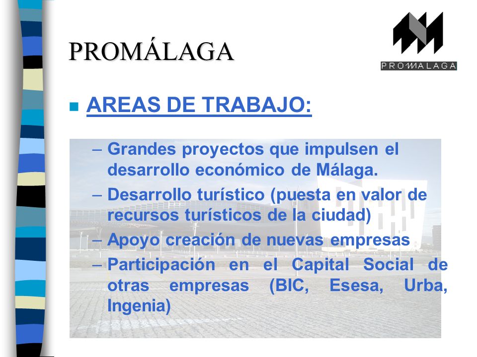 n AREAS DE TRABAJO: –Grandes proyectos que impulsen el desarrollo económico de Málaga.