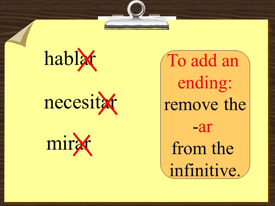 hablar necesitar mirar To add an ending: remove the -ar from the infinitive.