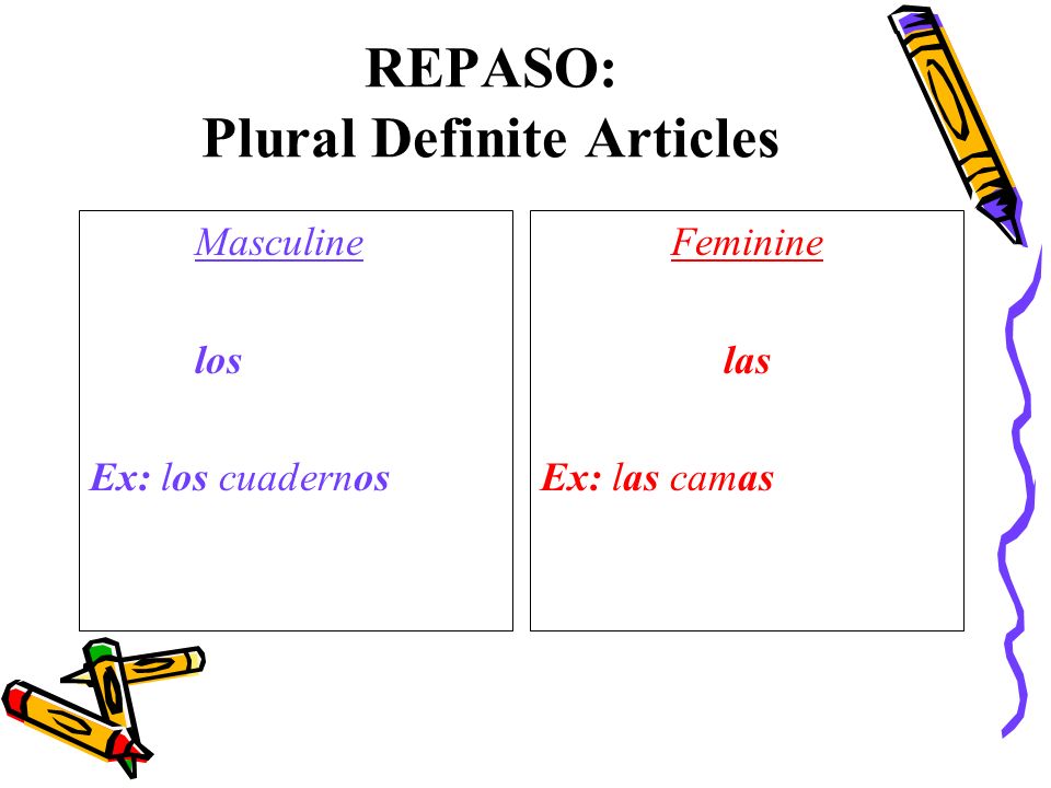 REPASO: Plural Definite Articles Masculine los Ex: los cuadernos Feminine las Ex: las camas