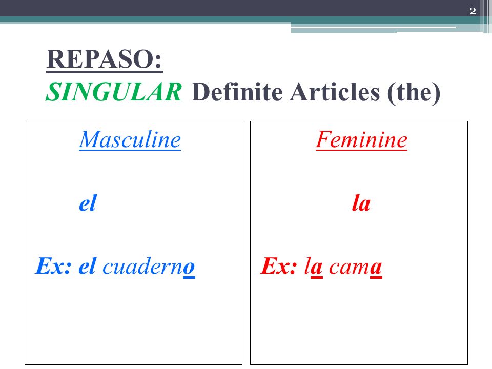 REPASO: SINGULAR Definite Articles (the) Masculine el Ex: el cuaderno Feminine la Ex: la cama 2