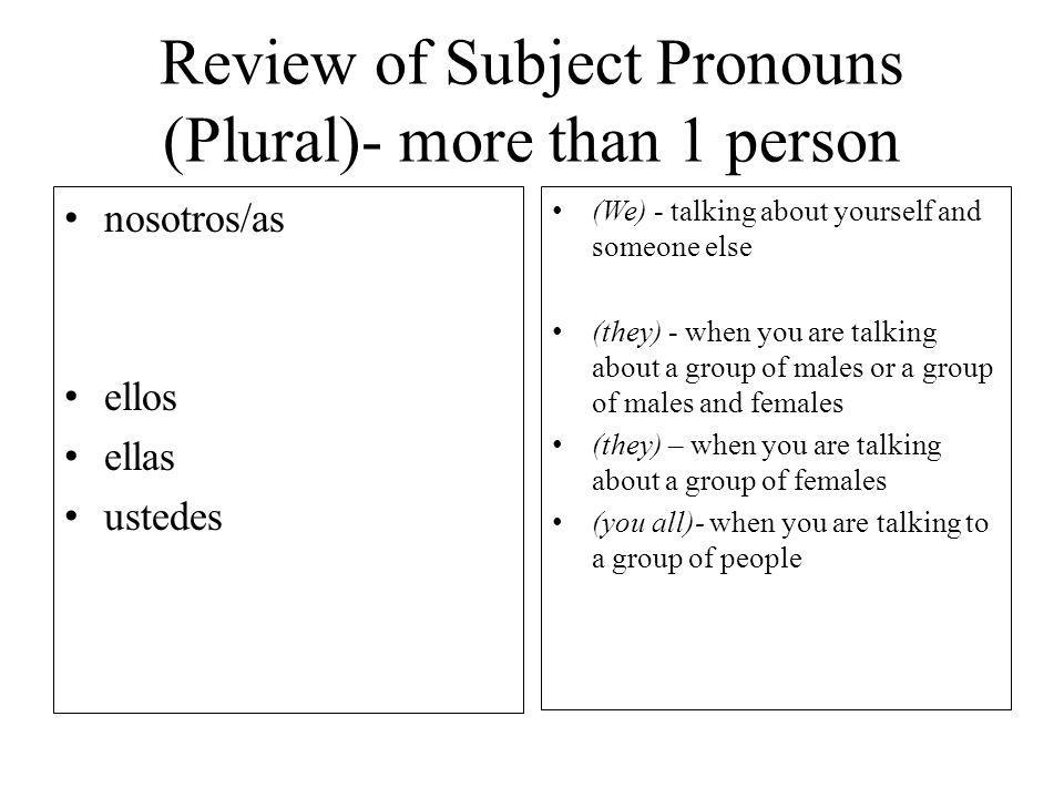 Review of Subject Pronouns (Plural)- more than 1 person nosotros/as ellos ellas ustedes (We) - talking about yourself and someone else (they) - when you are talking about a group of males or a group of males and females (they) – when you are talking about a group of females (you all)- when you are talking to a group of people