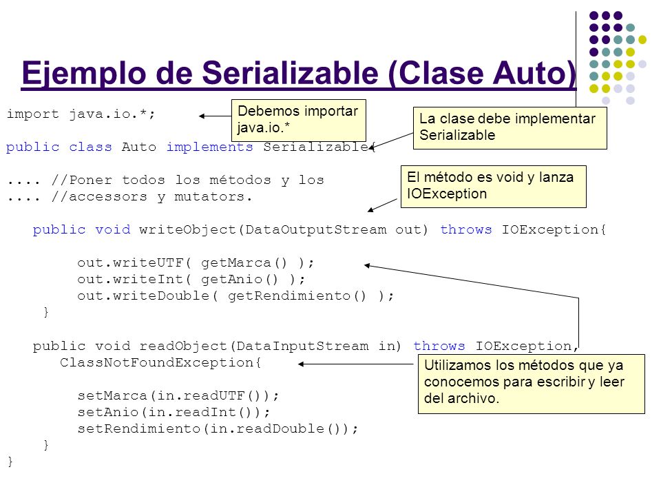 Ejemplo de Serializable (Clase Auto) La clase debe implementar Serializable El método es void y lanza IOException Utilizamos los métodos que ya conocemos para escribir y leer del archivo.