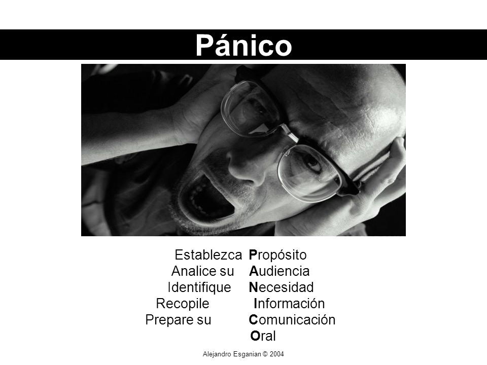 Alejandro Esganian © 2004 Establezca Propósito Analice su Audiencia Identifique Necesidad Recopile Información Prepare su Comunicación Oral Pánico