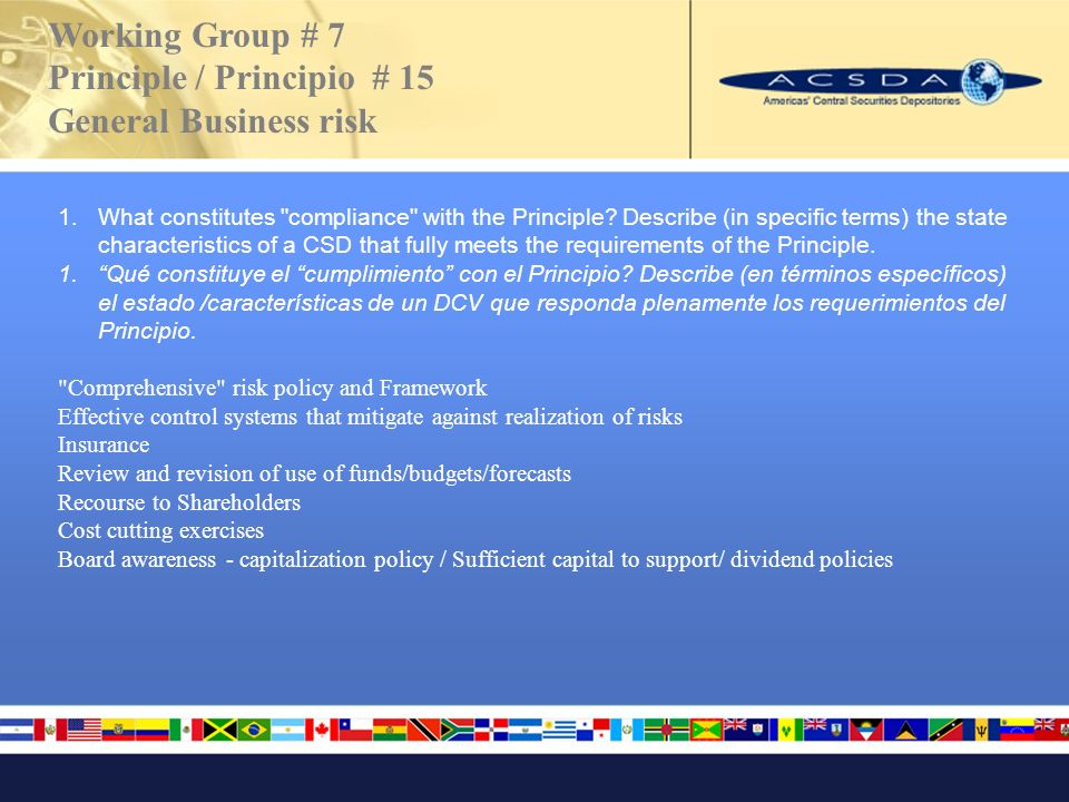 Working Group # 7 Principle / Principio # 15 General Business risk 1.What constitutes compliance with the Principle.