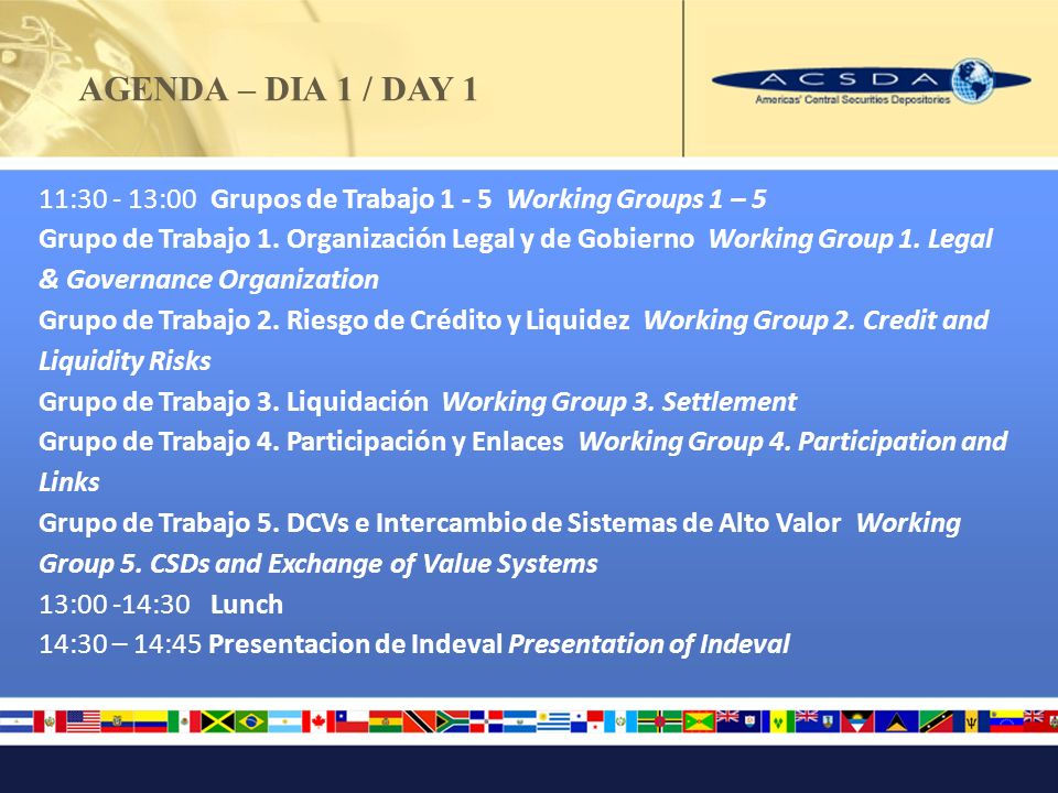 AGENDA – DIA 1 / DAY 1 11: :00 Grupos de Trabajo Working Groups 1 – 5 Grupo de Trabajo 1.