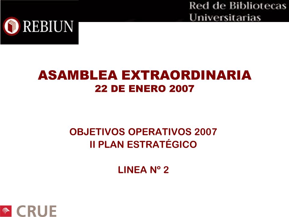 ASAMBLEA EXTRAORDINARIA 22 DE ENERO 2007 OBJETIVOS OPERATIVOS 2007 II PLAN ESTRATÉGICO LINEA Nº 2