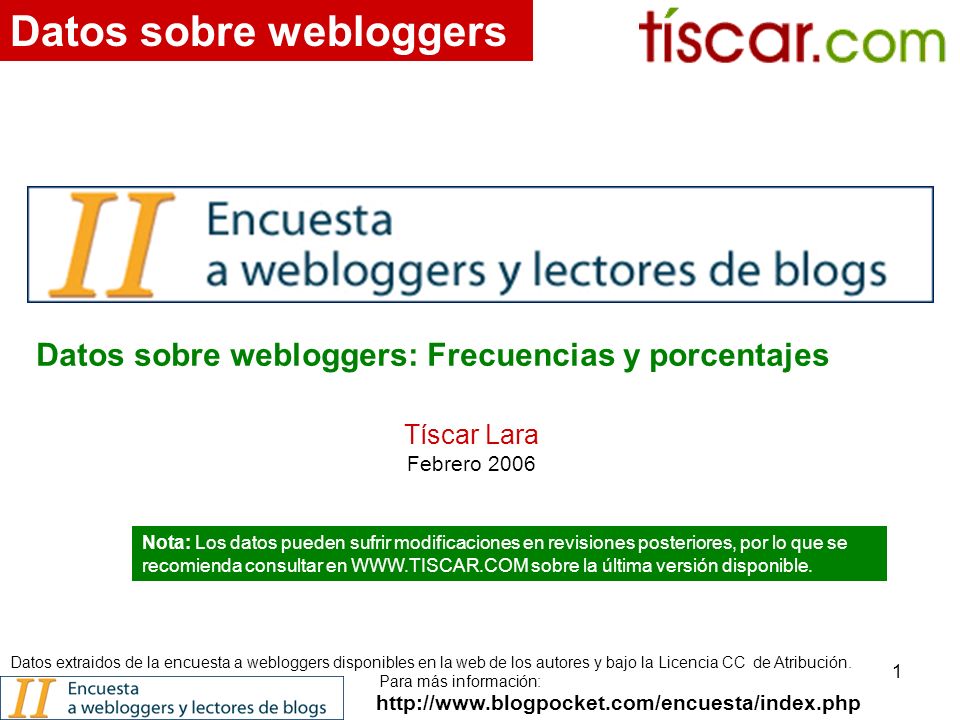 1   Datos sobre webloggers Datos extraidos de la encuesta a webloggers disponibles en la web de los autores y bajo la Licencia CC de Atribución.