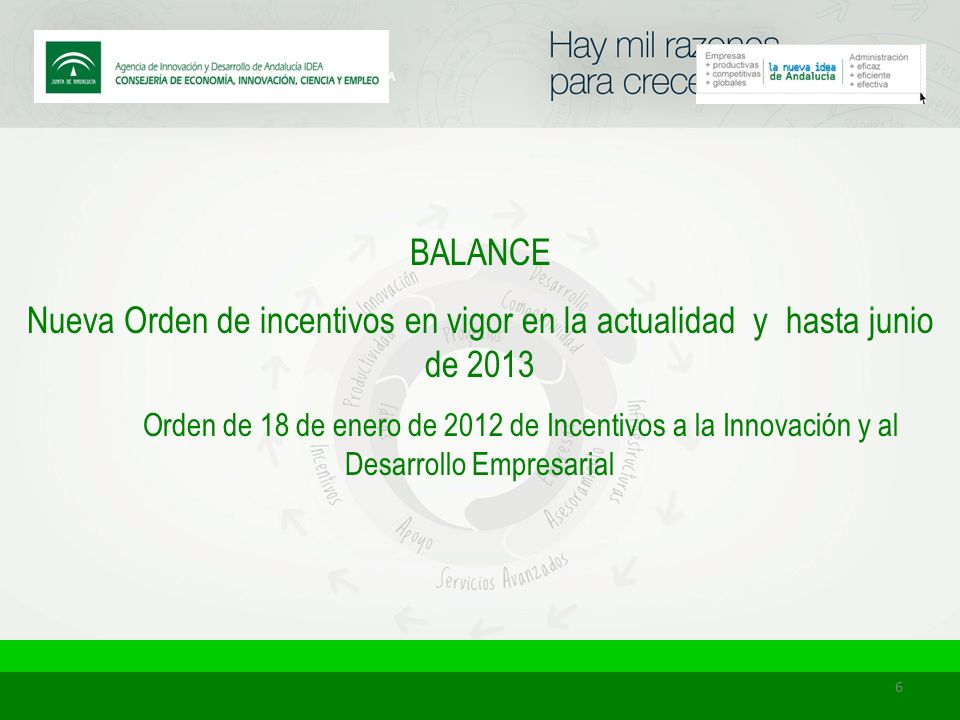 BALANCE Nueva Orden de incentivos en vigor en la actualidad y hasta junio de 2013 Orden de 18 de enero de 2012 de Incentivos a la Innovación y al Desarrollo Empresarial 6