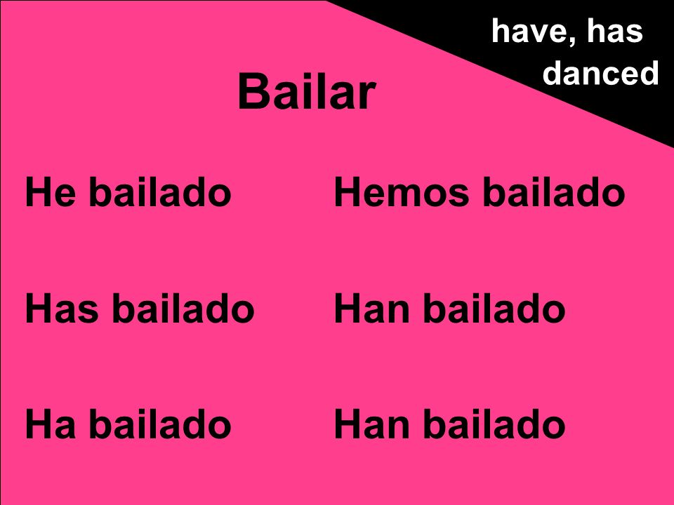 He bailado Has bailado Ha bailado Hemos bailado Han bailado Bailar have, has danced
