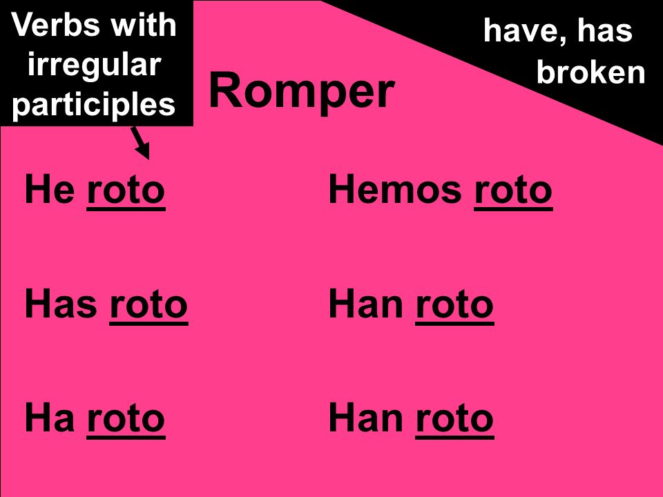 He roto Has roto Ha roto Hemos roto Han roto Romper have, has broken Verbs with irregular participles