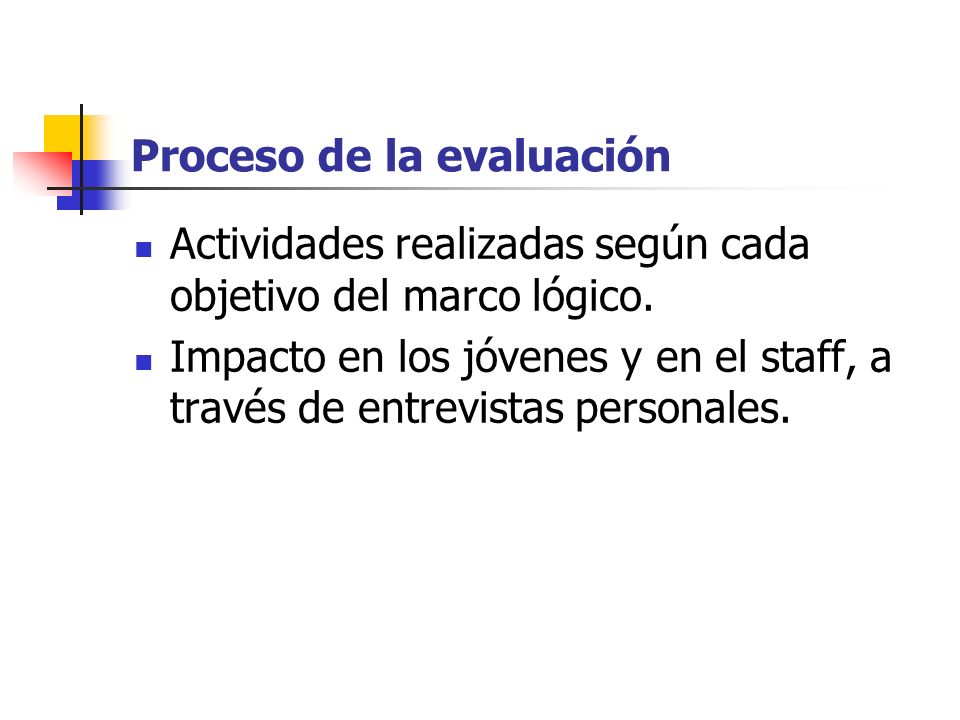 Proceso de la evaluación Actividades realizadas según cada objetivo del marco lógico.