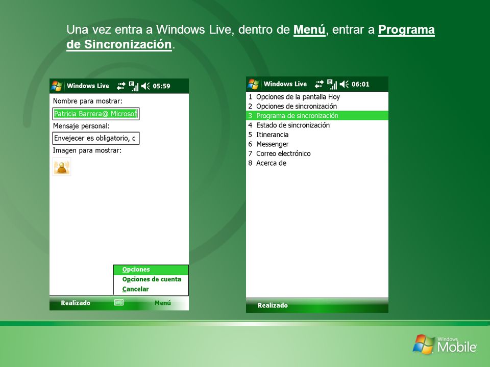 Una vez entra a Windows Live, dentro de Menú, entrar a Programa de Sincronización.
