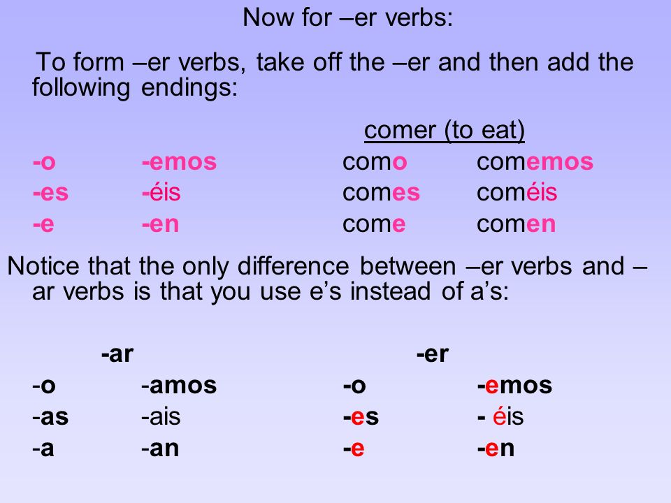 Now for –er verbs: To form –er verbs, take off the –er and then add the following endings: comer (to eat) -o-emoscomocomemos -es-éis comescoméis -e-encomecomen Notice that the only difference between –er verbs and – ar verbs is that you use es instead of as: -ar -er -o-amos-o-emos -as-ais-es- éis -a-an-e-en