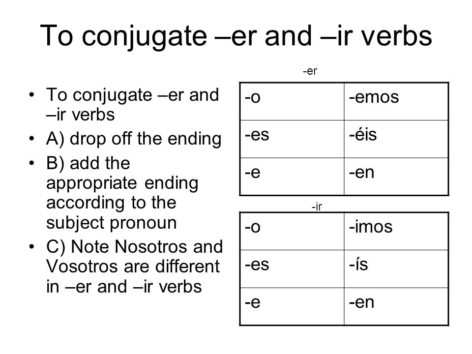 To conjugate –er and –ir verbs A) drop off the ending B) add the appropriate ending according to the subject pronoun C) Note Nosotros and Vosotros are different in –er and –ir verbs -o-emos -es-éis -e-en -o-imos -es-ís -e-en -er -ir