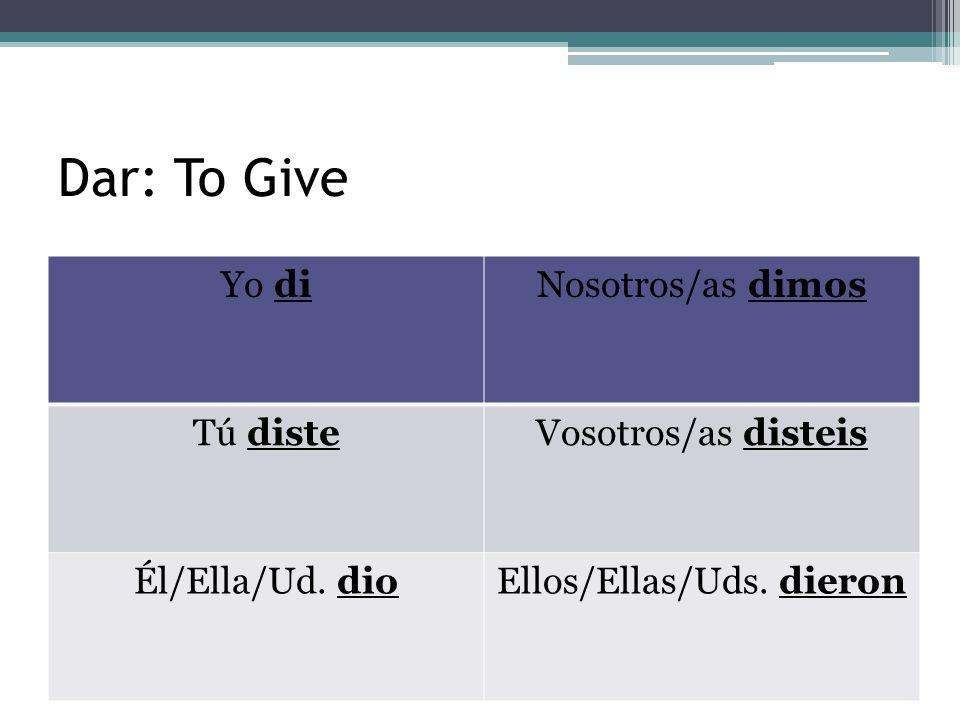 Dar: To Give Yo diNosotros/as dimos Tú disteVosotros/as disteis Él/Ella/Ud.
