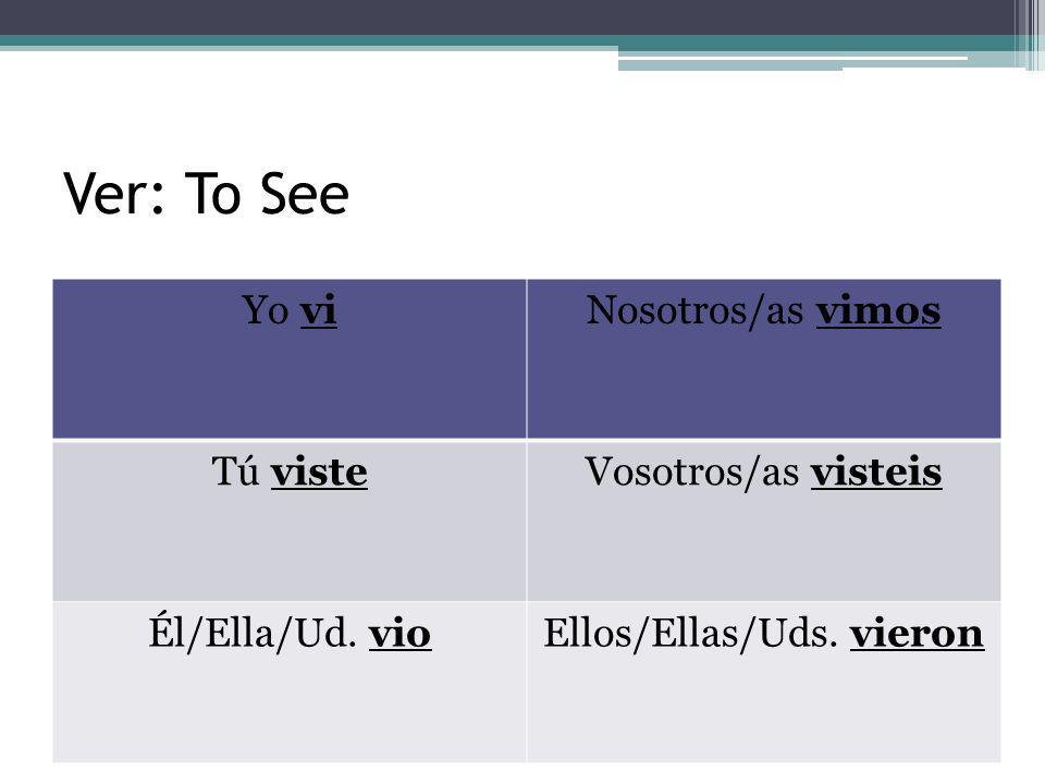 Ver: To See Yo viNosotros/as vimos Tú visteVosotros/as visteis Él/Ella/Ud.