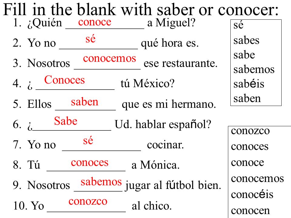 Fill in the blank with saber or conocer: 1.¿Quién _____________ a Miguel.