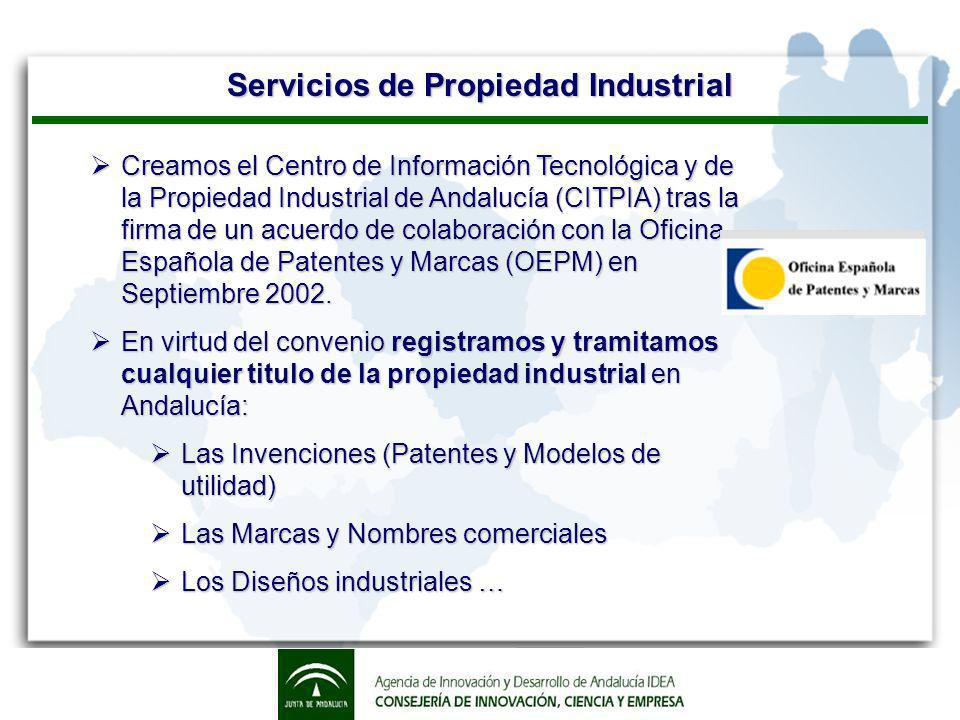 Servicios de Propiedad Industrial Creamos el Centro de Información Tecnológica y de la Propiedad Industrial de Andalucía (CITPIA) tras la firma de un acuerdo de colaboración con la Oficina Española de Patentes y Marcas (OEPM) en Septiembre 2002.