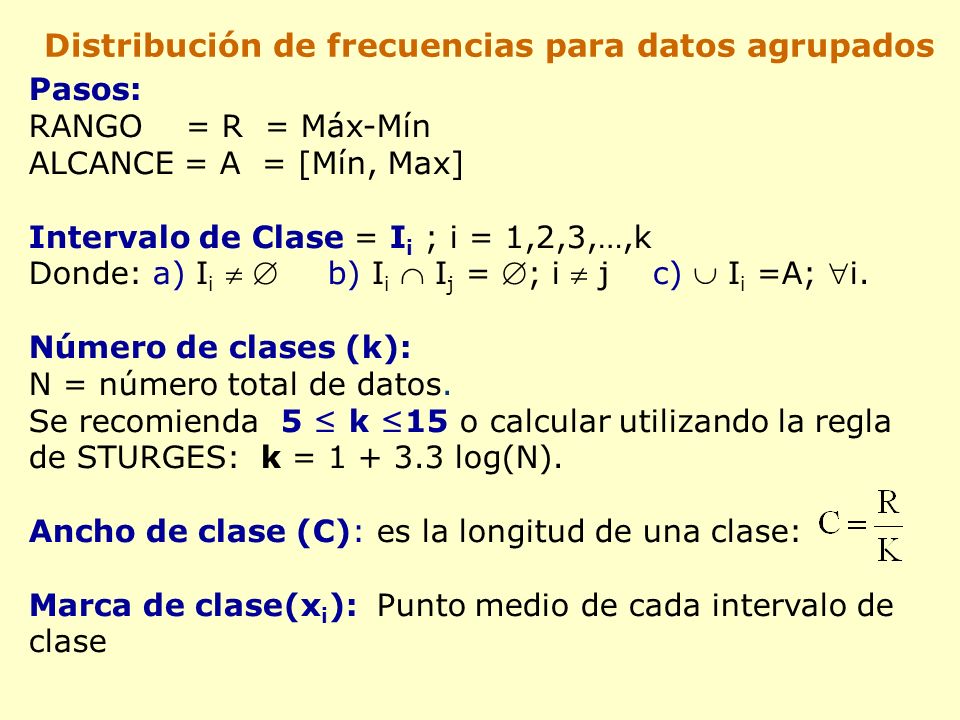 Pasos: RANGO = R = Máx-Mín ALCANCE = A = [Mín, Max] Intervalo de Clase = I i ; i = 1,2,3,…,k Donde: a) I i b) I i I j = ; i j c) I i =A; i.