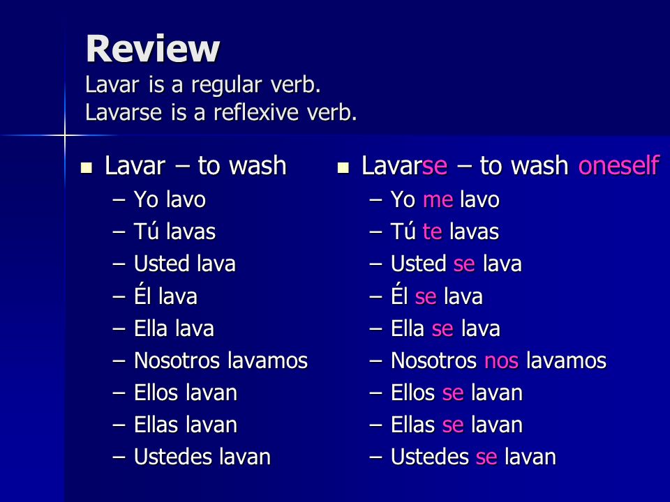 Review Lavar is a regular verb. Lavarse is a reflexive verb.
