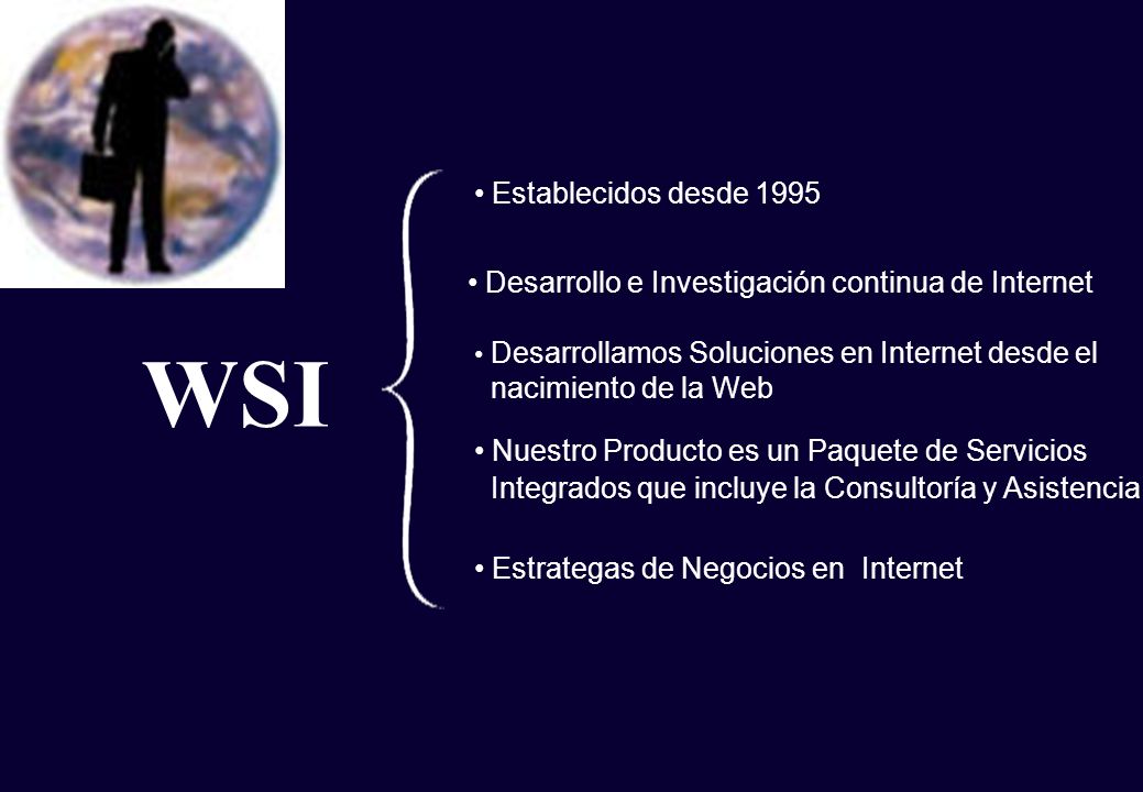 WSI Establecidos desde 1995 Desarrollo e Investigación continua de Internet Nuestro Producto es un Paquete de Servicios Integrados que incluye la Consultoría y Asistencia Estrategas de Negocios en Internet Desarrollamos Soluciones en Internet desde el nacimiento de la Web