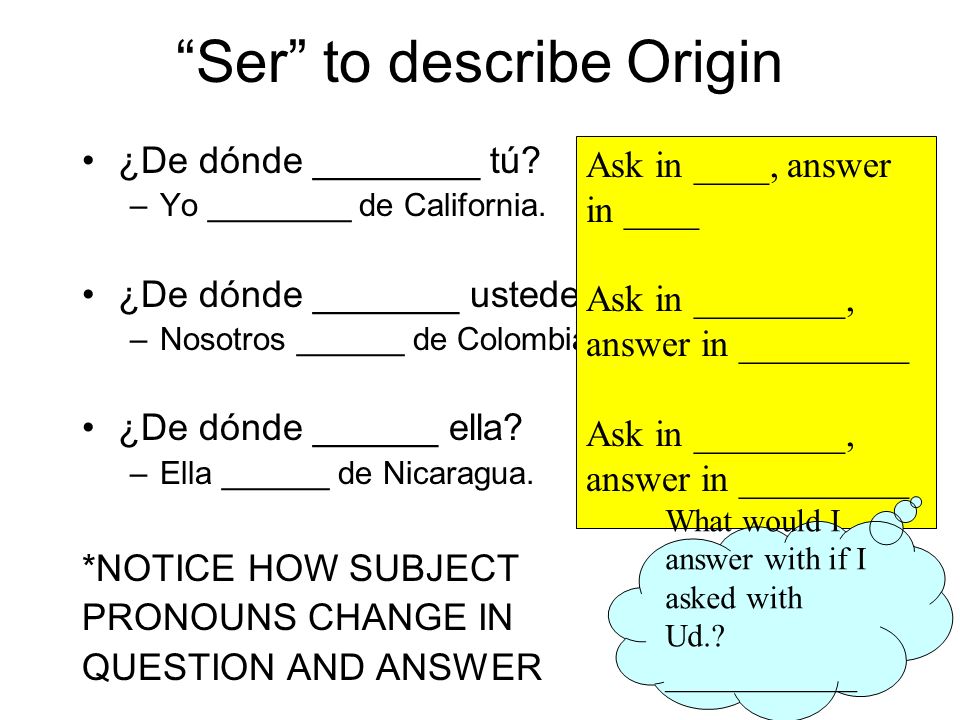 Ser with subject pronouns Yo ___________ = I am Nosotros(as) ________ = we are Tú ___________ = you (informal) are *Vosotros(as) ___________ = you all (familiar) are (*Vosotros is only used in Spain) Usted ___________ = you (formal) are Ustedes ___________ = You all (formal) are Él, ella ___________ = He/she is Ellos, ellas _________ = they are