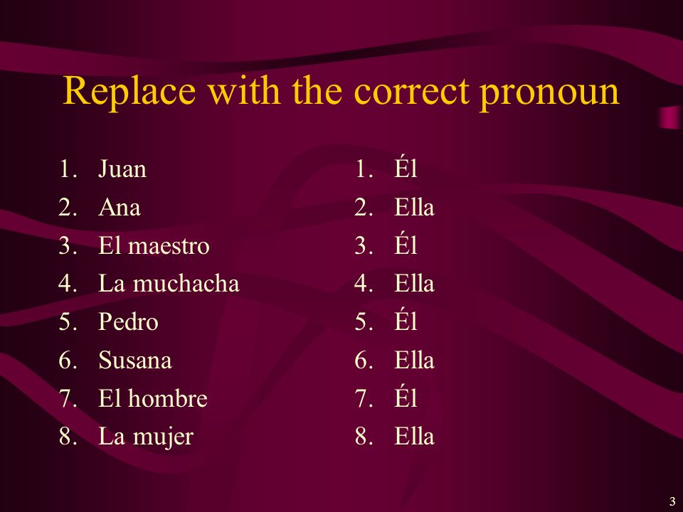 2 Los Pronombres Personales (Subject Pronouns) Singular yo tú él / ella / Ud.