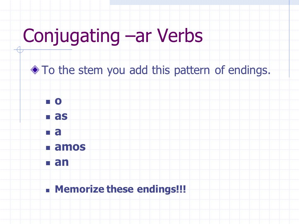 Conjugating –ar Verbs To the stem you add this pattern of endings.