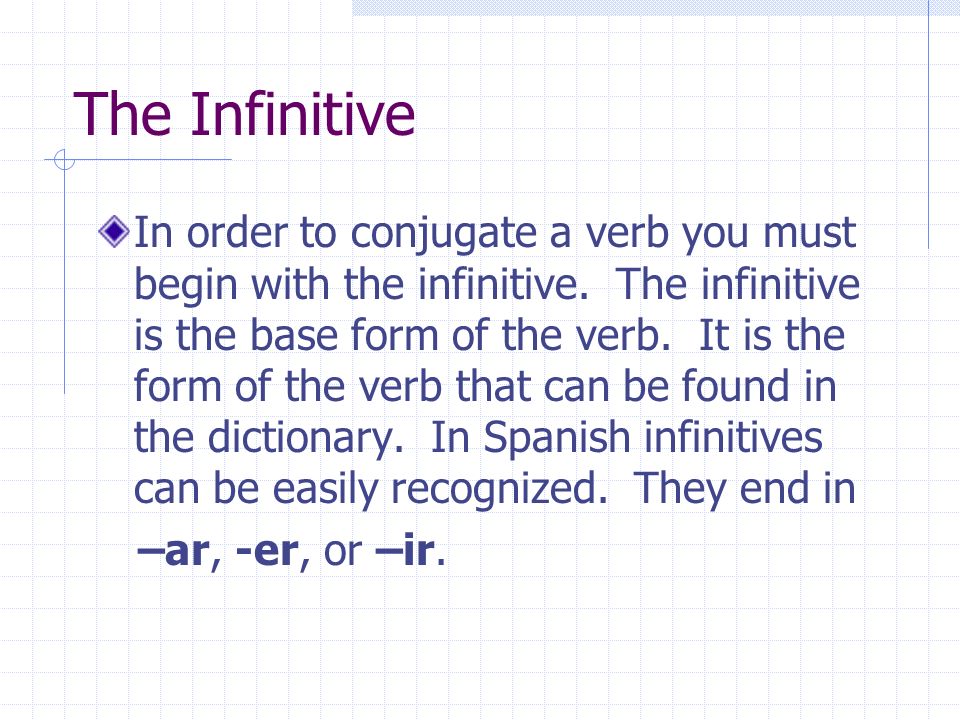 The Infinitive In order to conjugate a verb you must begin with the infinitive.