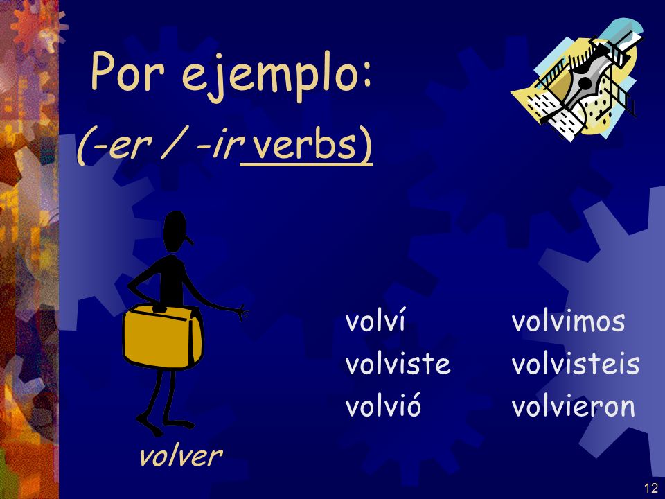 11 Pretérito endings for –er / -ir verbs are: -í -iste -ió -imos -isteis -ieron