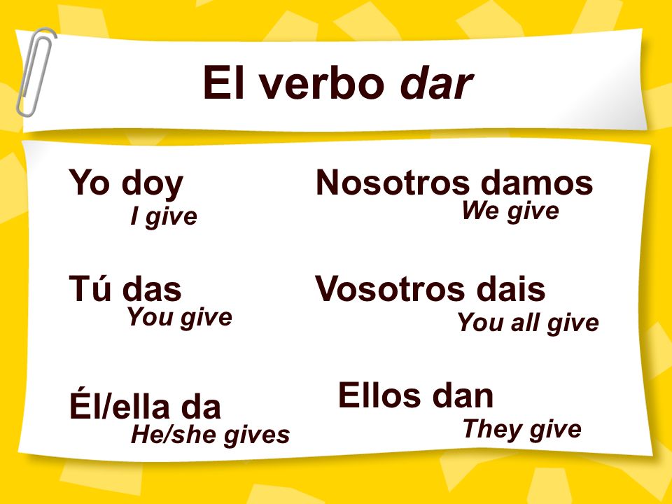El verbo dar Yo doy Tú das Él/ella da Nosotros damos Vosotros dais Ellos dan I give You give He/she gives We give You all give They give
