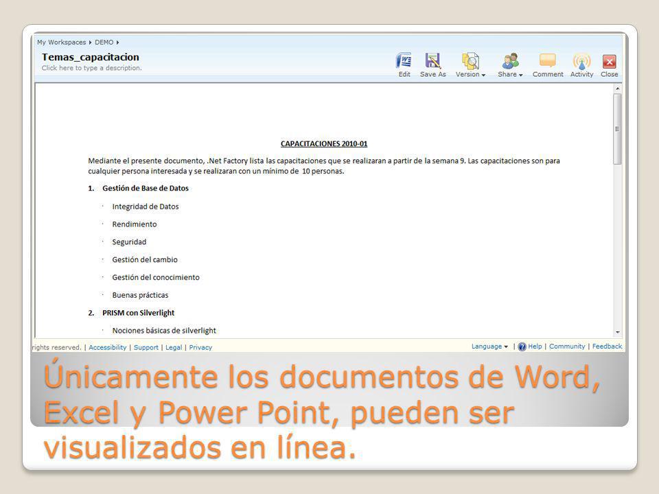 Únicamente los documentos de Word, Excel y Power Point, pueden ser visualizados en línea.