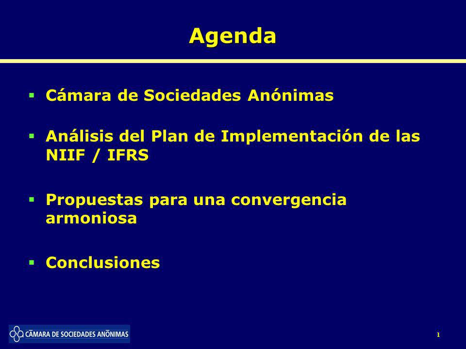 Agenda Cámara de Sociedades Anónimas Análisis del Plan de Implementación de las NIIF / IFRS Propuestas para una convergencia armoniosa Conclusiones 1
