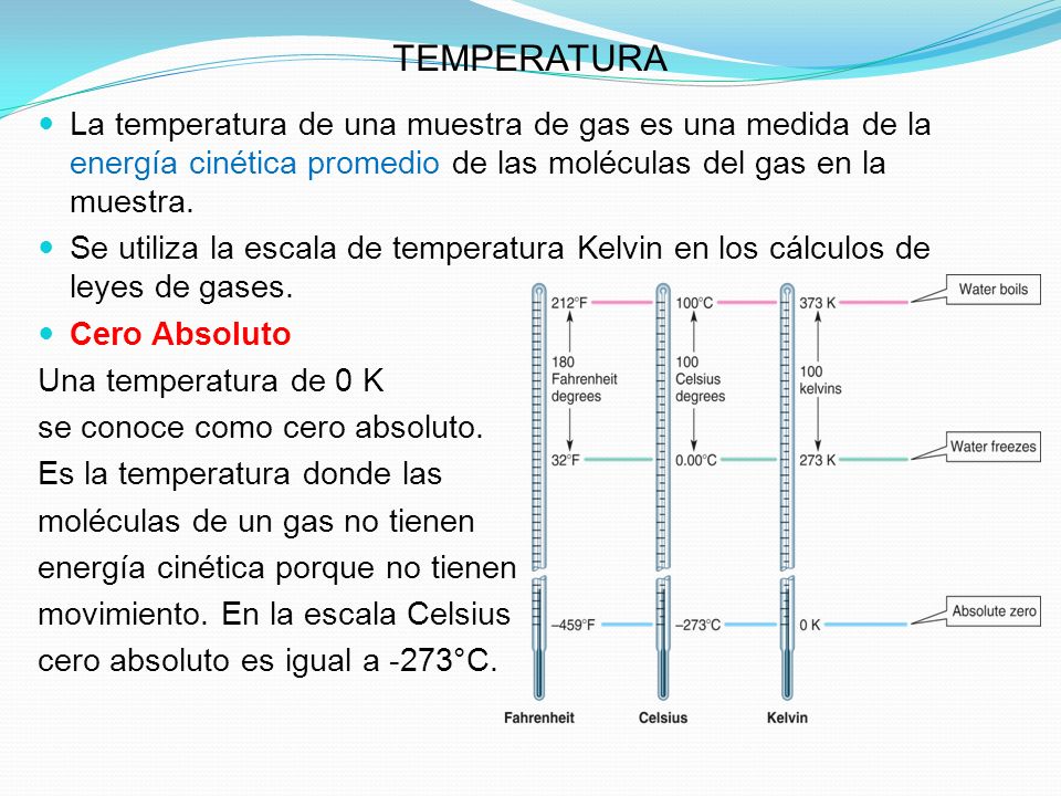 TEMPERATURA La temperatura de una muestra de gas es una medida de la energía cinética promedio de las moléculas del gas en la muestra.