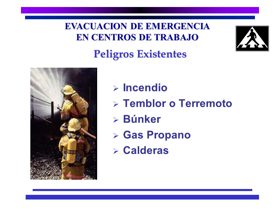 EVACUACION DE EMERGENCIA EN CENTROS DE TRABAJO Tipo de peligros existentes en el área Técnicas para el combate de incendios Técnicas básicas de primeros auxilios Entrenamiento para la respuesta a emergencias.
