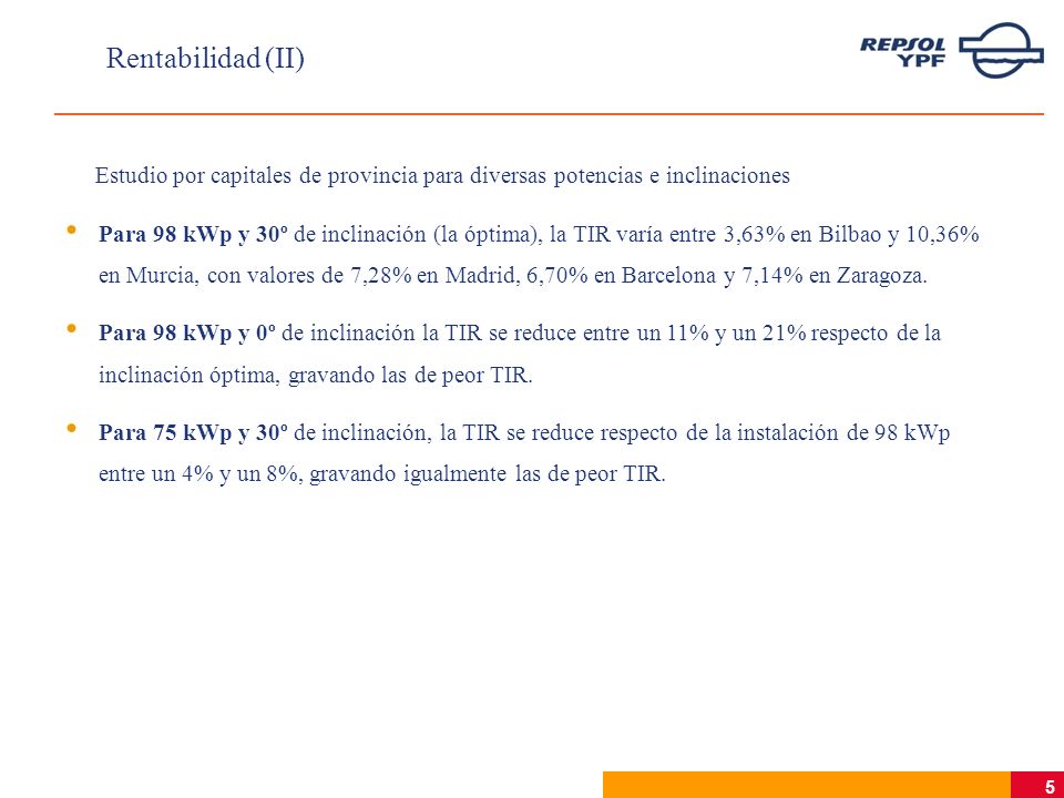 5 Rentabilidad (II) Estudio por capitales de provincia para diversas potencias e inclinaciones Para 98 kWp y 30º de inclinación (la óptima), la TIR varía entre 3,63% en Bilbao y 10,36% en Murcia, con valores de 7,28% en Madrid, 6,70% en Barcelona y 7,14% en Zaragoza.