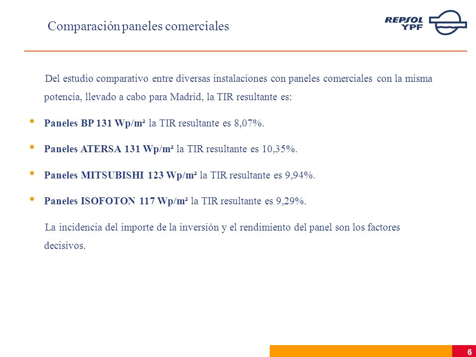 6 Comparación paneles comerciales Del estudio comparativo entre diversas instalaciones con paneles comerciales con la misma potencia, llevado a cabo para Madrid, la TIR resultante es: Paneles BP 131 Wp/m² la TIR resultante es 8,07%.